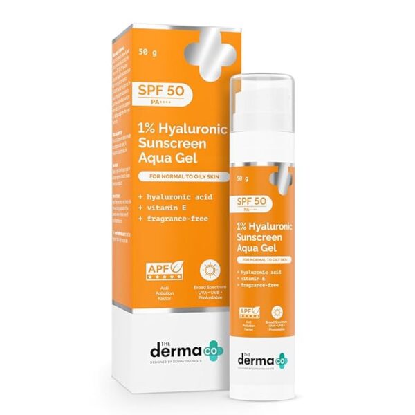 The Derma Co 1% Hyaluronic Sunscreen Aqua Gel | For Oily, Dry, Acne-prone Skin | Non-Greasy | No White Cast | Spectrum Protection & Blue Light Protection