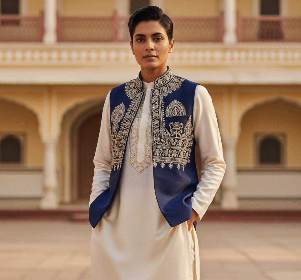 Indian man wearing trendy kurta with Nehru jacket for wedding season